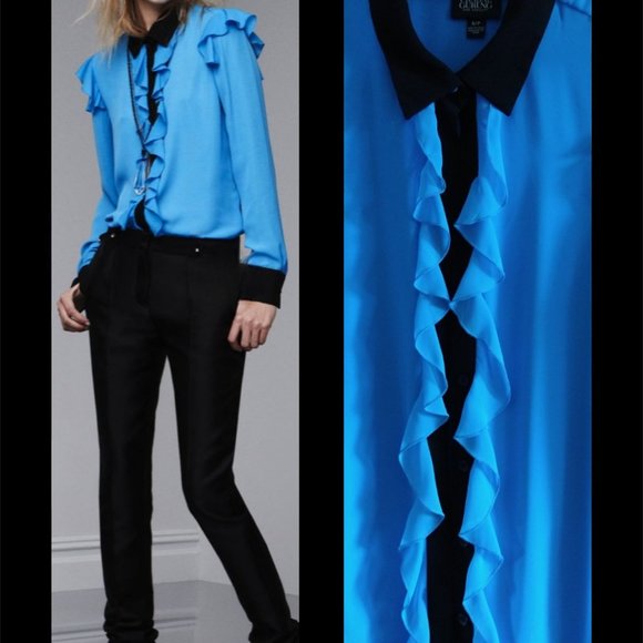 Prabel Gurung x Target blue long sleeve blouse w/black accents & ruffles Small - Picture 16 of 16